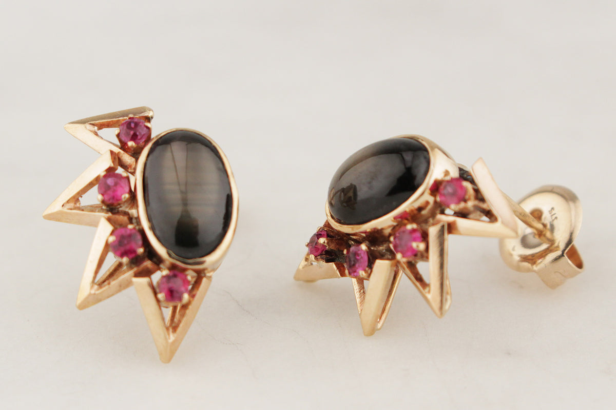 VINTAGE c1940 STAR SAPPHIRE &amp; RUBY EARRINGS 14ct GOLD