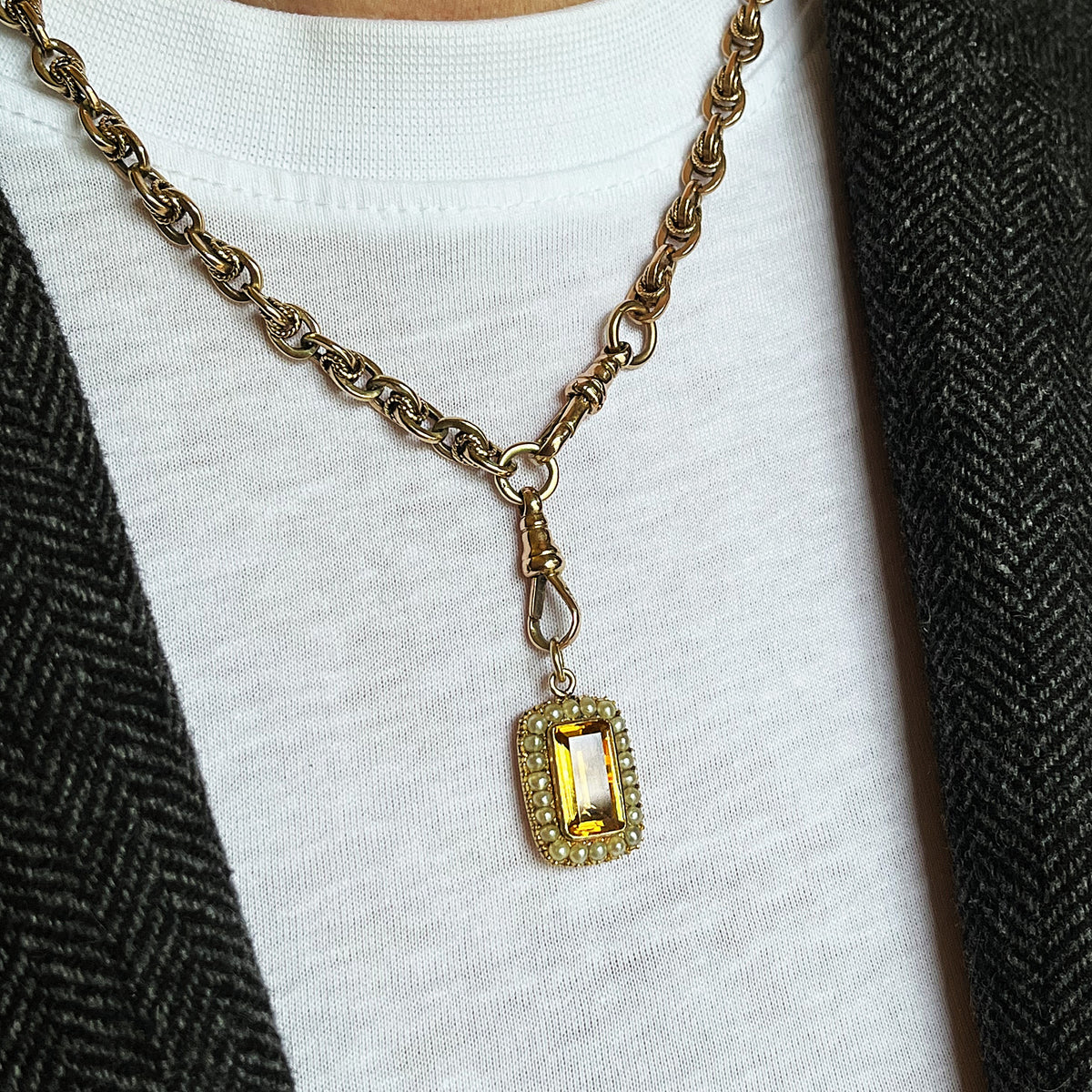 ANTIQUE EDWARDIAN CITRINE &amp; SEED PEARL PENDANT 9ct GOLD