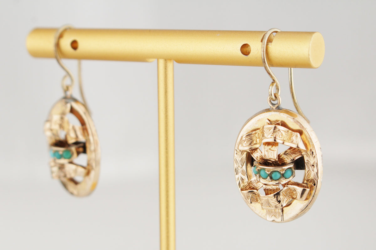 ANTIQUE VICTORIAN c1840-60 TURQUOISE EARRINGS 9ct GOLD