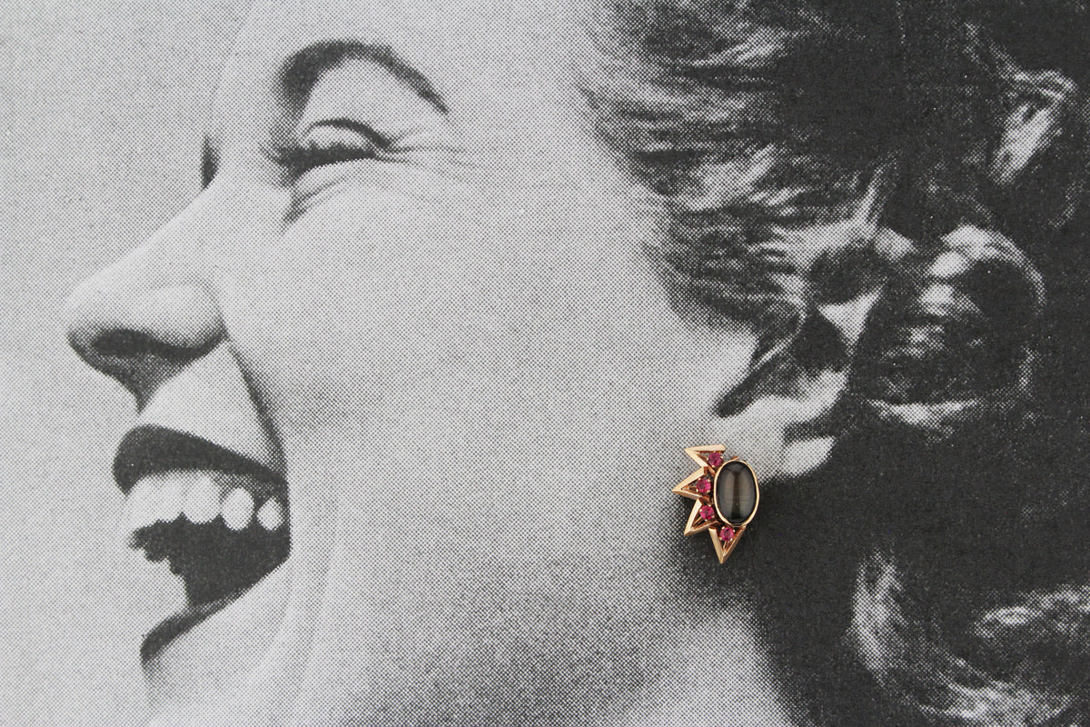 VINTAGE c1940 STAR SAPPHIRE &amp; RUBY EARRINGS 14ct GOLD