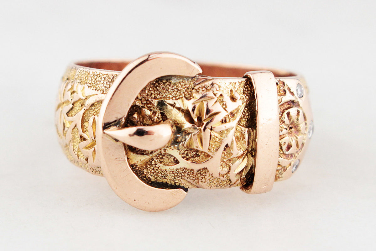 ANTIQUE VICTORIAN 1900 DIAMOND ETCHED BUCKLE RING 9ct GOLD