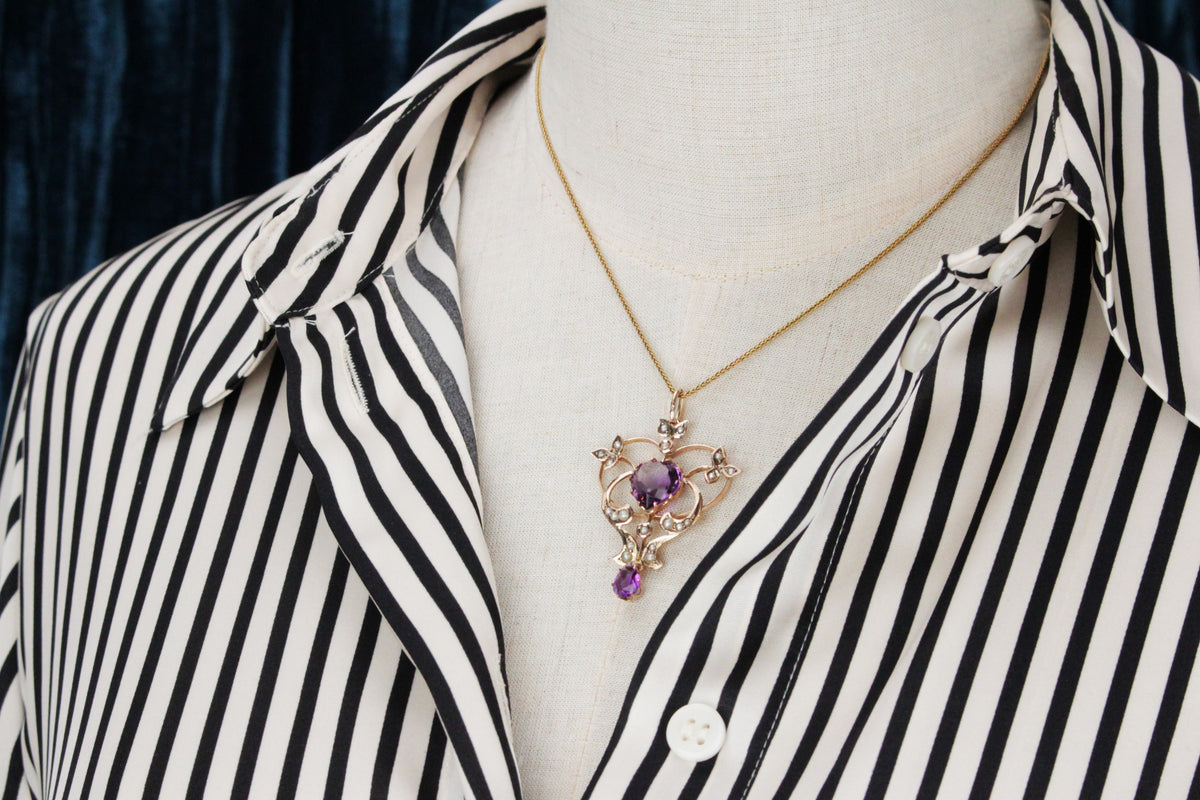 ANTIQUE AUSTRALIAN 1871 AMETHYST & SEED PEARL PENDANT 9ct GOLD