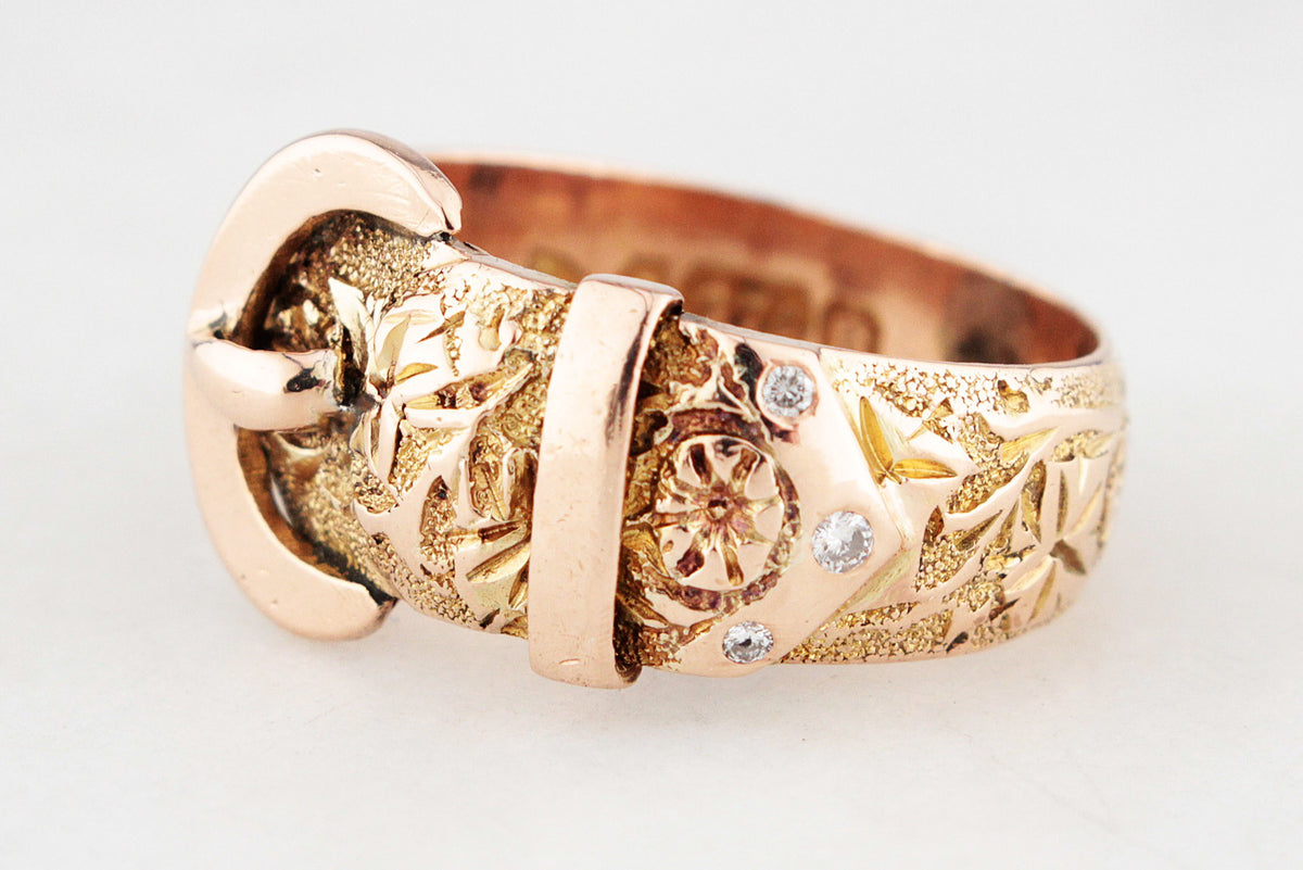 ANTIQUE VICTORIAN 1900 DIAMOND ETCHED BUCKLE RING 9ct GOLD