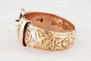 ANTIQUE VICTORIAN 1900 DIAMOND ETCHED BUCKLE RING 9ct GOLD