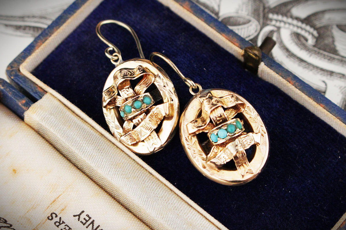 ANTIQUE VICTORIAN c1840-60 TURQUOISE EARRINGS 9ct GOLD
