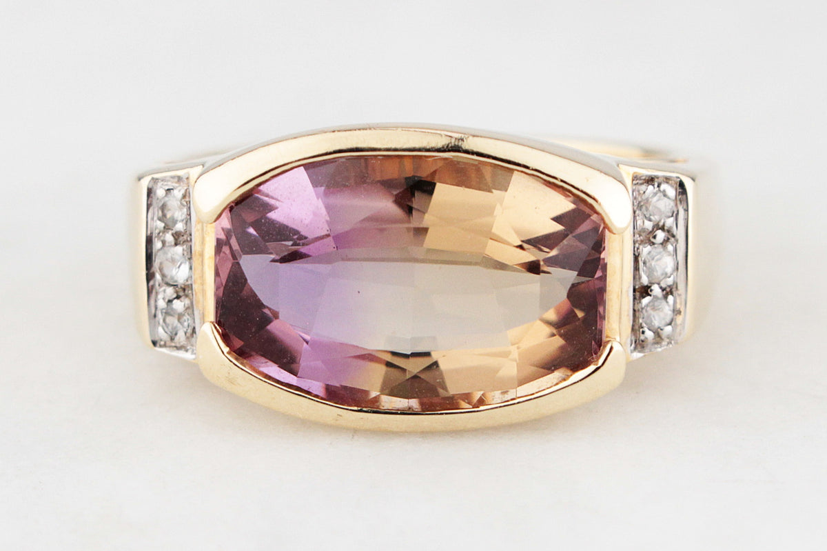 VINTAGE 6ct AMETRINE &amp; DIAMOND RING 9ct GOLD