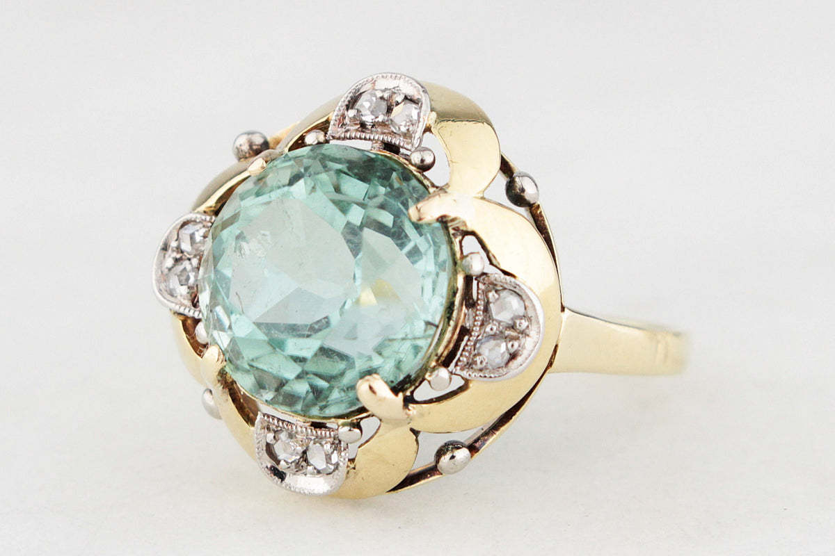 ANTIQUE ART DECO c1920 TOURMALINE &amp; DIAMOND COCKTAIL RING 14ct GOLD