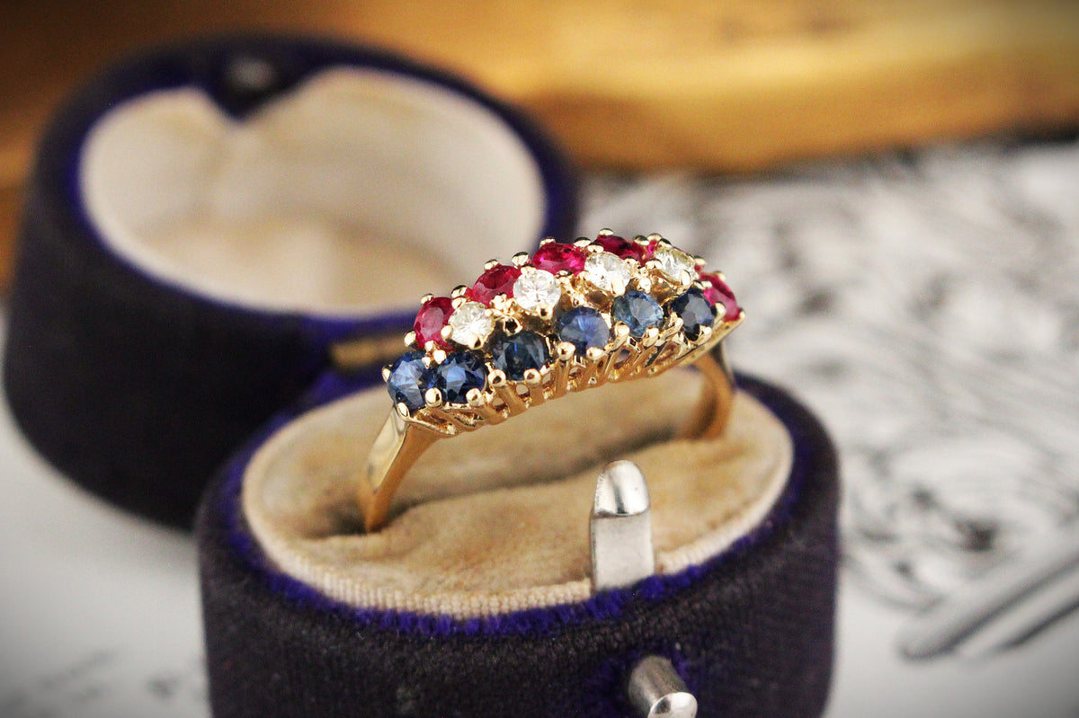 VINTAGE c1950 RUBY, DIAMOND &amp; SAPPHIIRE RING 18ct GOLD
