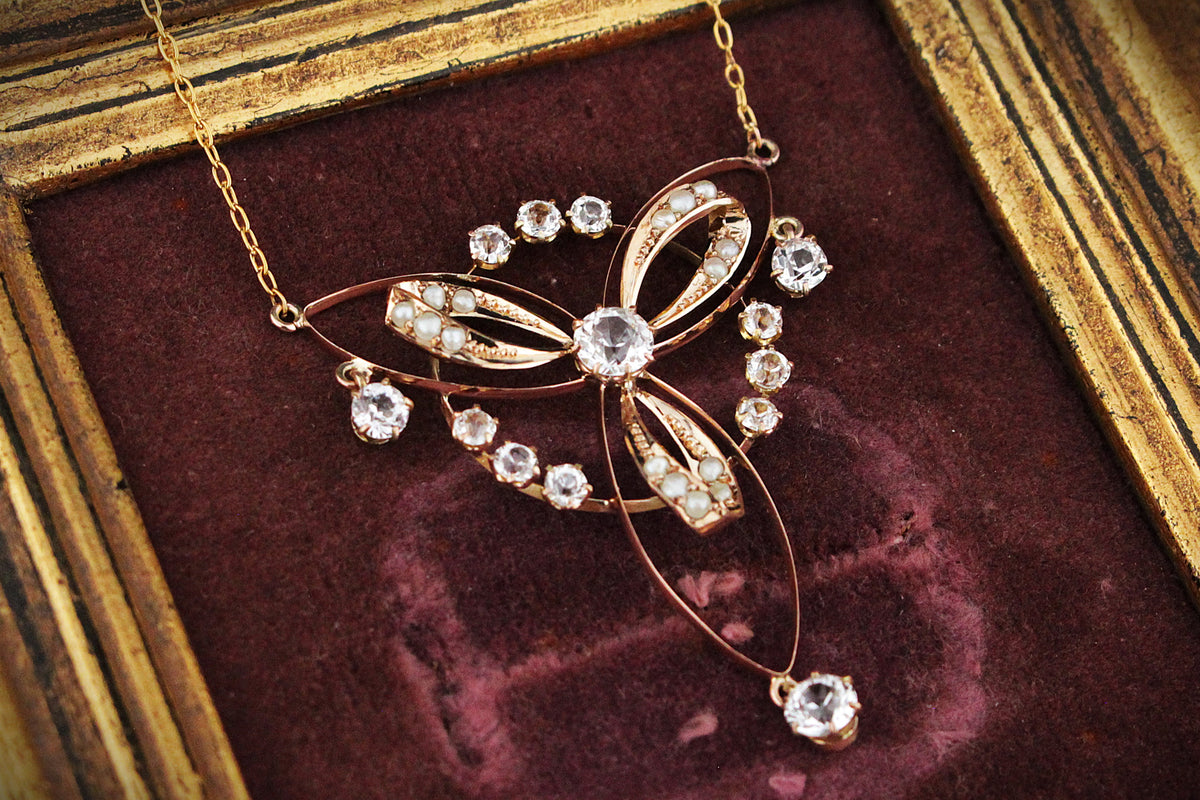 ANTIQUE AUSTRALIAN c1900 SAPPHIRE &amp; SEED PEARL LAVALIERE 9ct GOLD