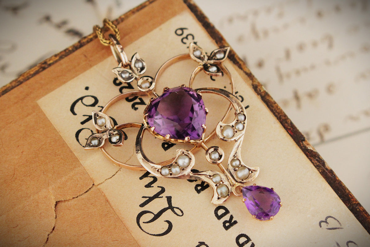 ANTIQUE AUSTRALIAN 1871 AMETHYST & SEED PEARL PENDANT 9ct GOLD
