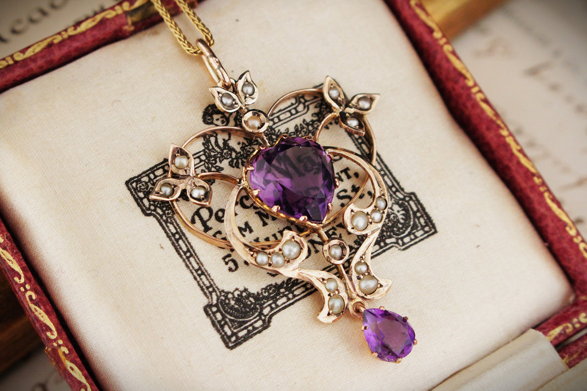 ANTIQUE AUSTRALIAN 1871 AMETHYST & SEED PEARL PENDANT 9ct GOLD