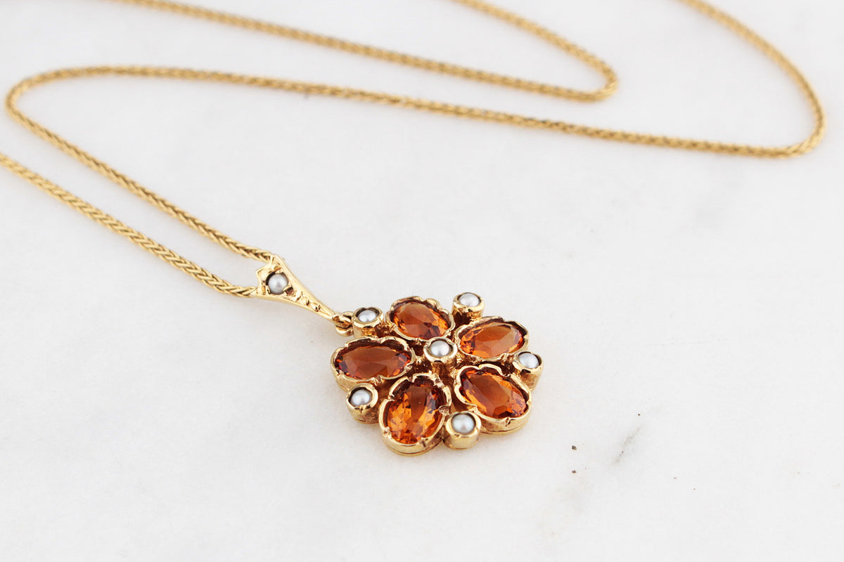 ANTIQUE EDWARDIAN CITRINE &amp; SEED PEARL PENDANT 9ct GOLD