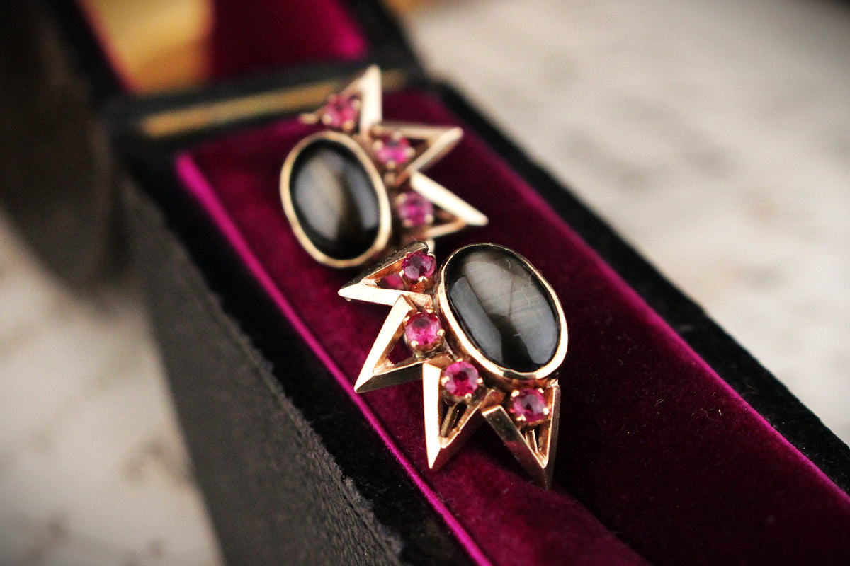 VINTAGE c1940 STAR SAPPHIRE &amp; RUBY EARRINGS 14ct GOLD