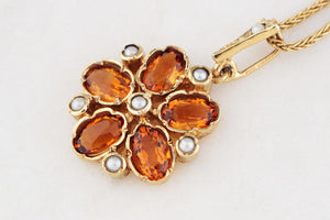 ANTIQUE EDWARDIAN CITRINE & SEED PEARL PENDANT 9ct GOLD