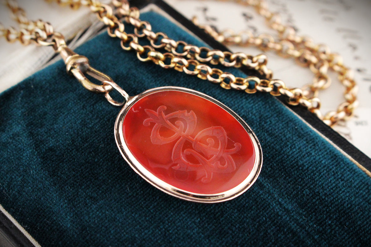 ANTIQUE VICTORIAN c1880’s CARNELIAN INTAGLIO SEAL PENDANT 9ct GOLD