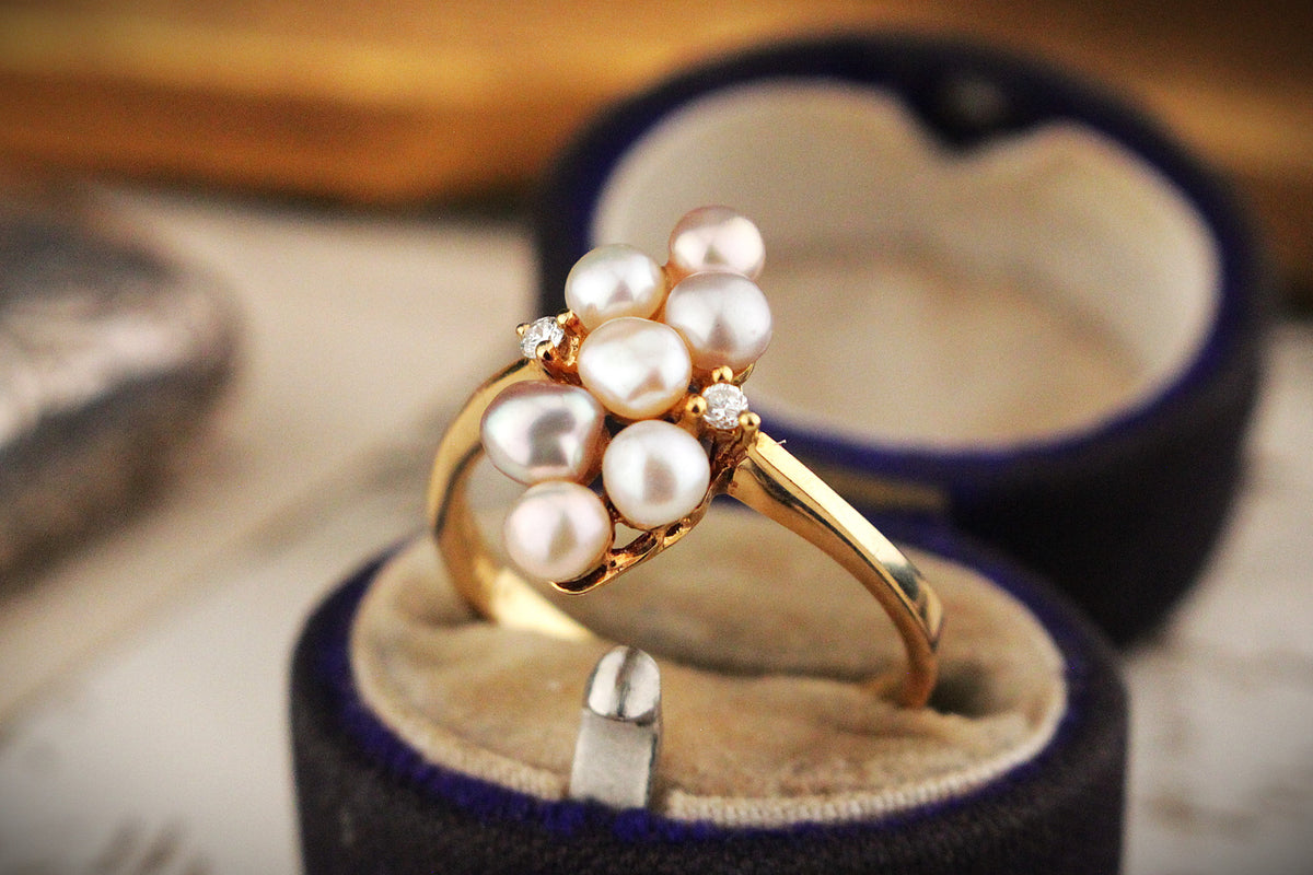 VINTAGE ESTATE c1960 PEARL & DIAMOND RING 18ct GOLD