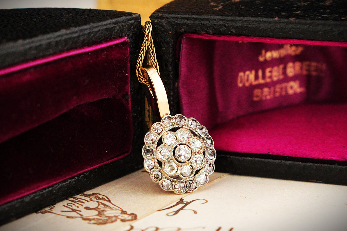 ANTIQUE LATE VICTORIAN DIAMOND CLUSTER PENDANT 15ct GOLD