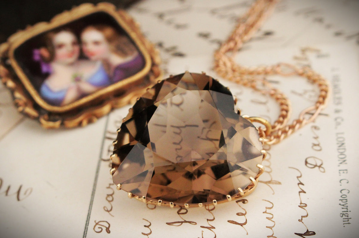 VINTAGE ESTATE 1966 SMOKY QUARTZ HEART PENDANT &amp; CHAIN 12ct GOLD