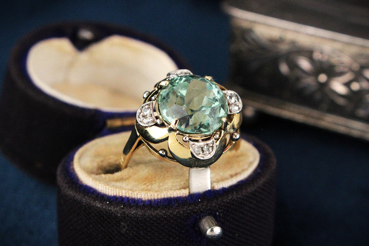 ANTIQUE ART DECO c1920 TOURMALINE &amp; DIAMOND COCKTAIL RING 14ct GOLD