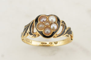 ANTIQUE VICTORIAN 1863 SEED PEARL MOURNING RING ON 18ct YELLOW GOLD