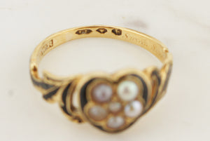 ANTIQUE VICTORIAN 1863 SEED PEARL MOURNING RING ON 18ct YELLOW GOLD