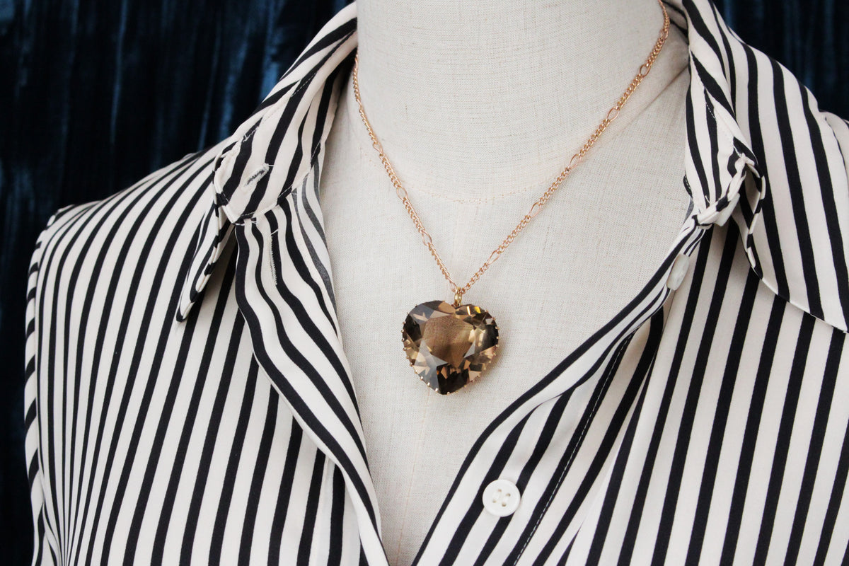 VINTAGE ESTATE 1966 SMOKY QUARTZ HEART PENDANT &amp; CHAIN 12ct GOLD