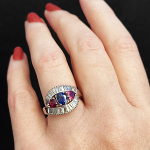 VINTAGE PLATINUM 1940's SAPPHIRE, RUBY & DIAMOND RING