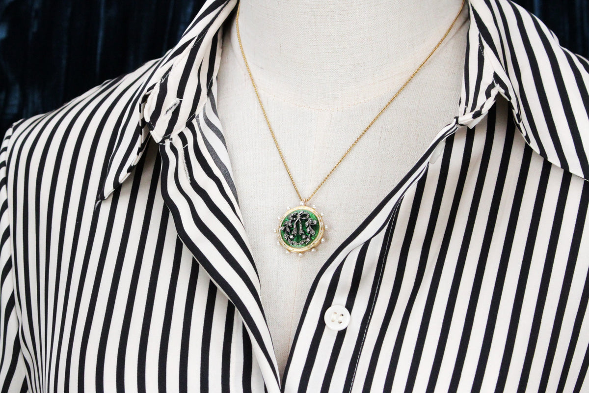 ANTIQUE GEORGIAN ENAMEL DIAMOND &amp; SEED PEARL PENDANT 18ct GOLD
