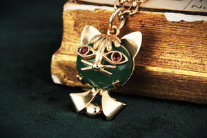 RETRO 1970’s CHRYSOPRASE & GARNET CAT PENDANT 9ct GOLD