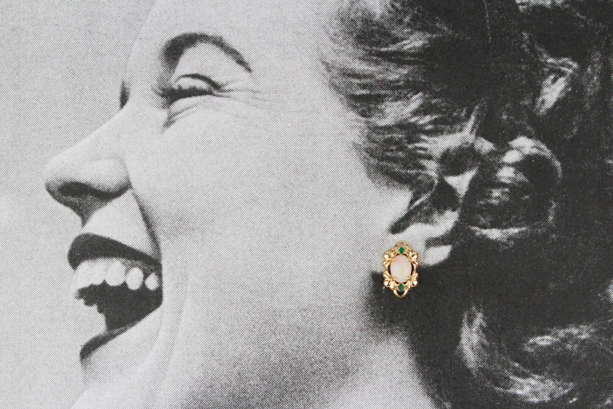 RETRO SOLID OPAL &amp; EMERALD EARRINGS 14ct GOLD