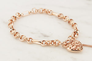 VINTAGE DAY & NIGHT BRACELET WITH FILIGREE HEART CLOSURE ON 9ct ROSE GOLD