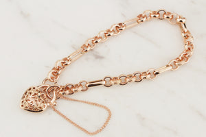 VINTAGE DAY & NIGHT BRACELET WITH FILIGREE HEART CLOSURE ON 9ct ROSE GOLD