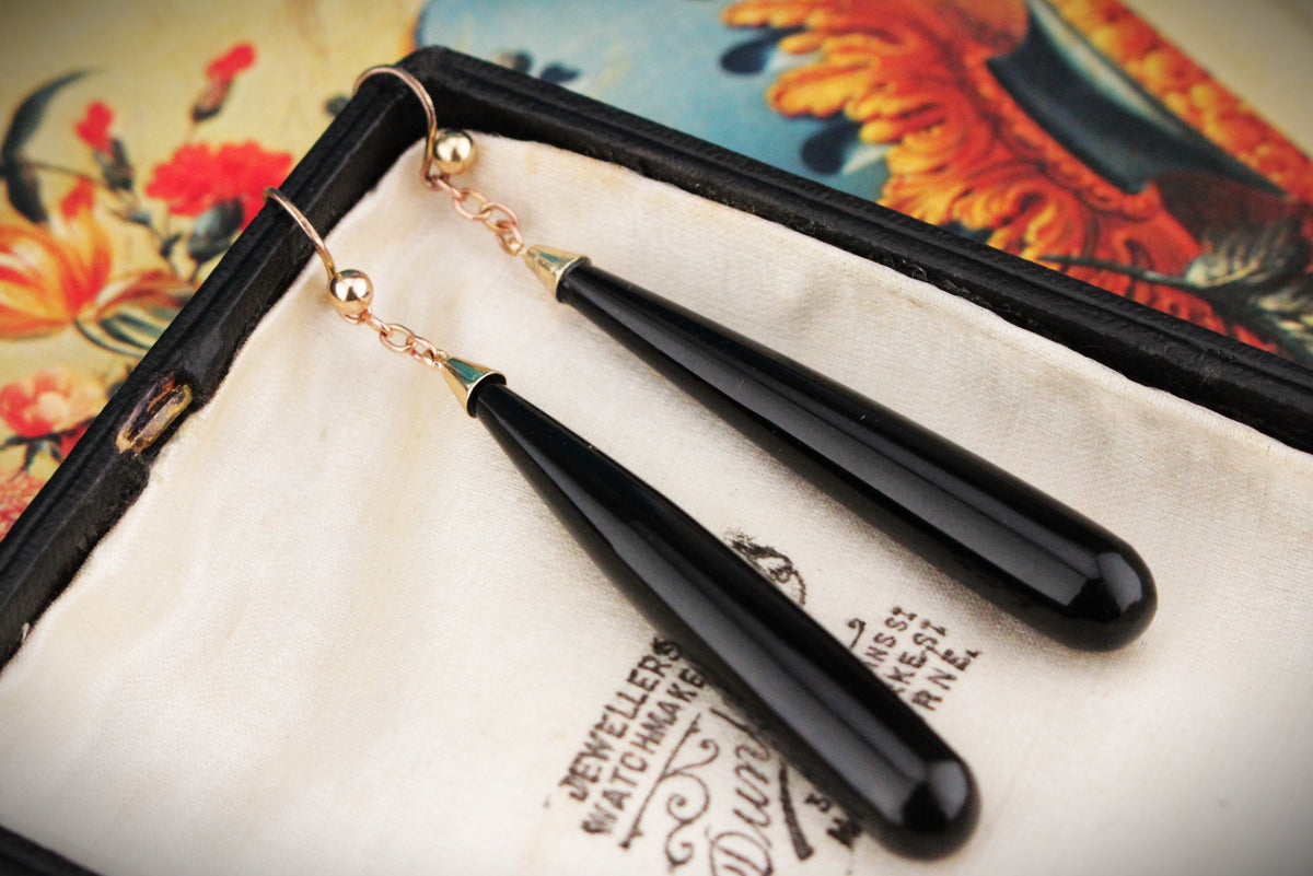 ANTIQUE EDWARDIAN ONYX EARRINGS 9ct GOLD