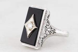 ART DECO c1930 ONYX & DIAMOND COCKTAIL RING 18ct WHITE GOLD