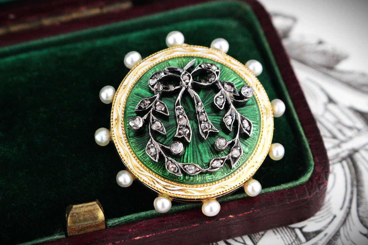 ANTIQUE GEORGIAN ENAMEL DIAMOND &amp; SEED PEARL PENDANT 18ct GOLD