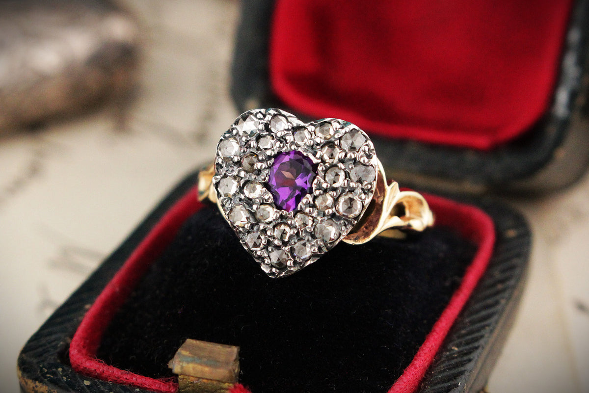 ANTIQUE STYLE AMETHYST &amp; DIAMOND RING 9ct GOLD