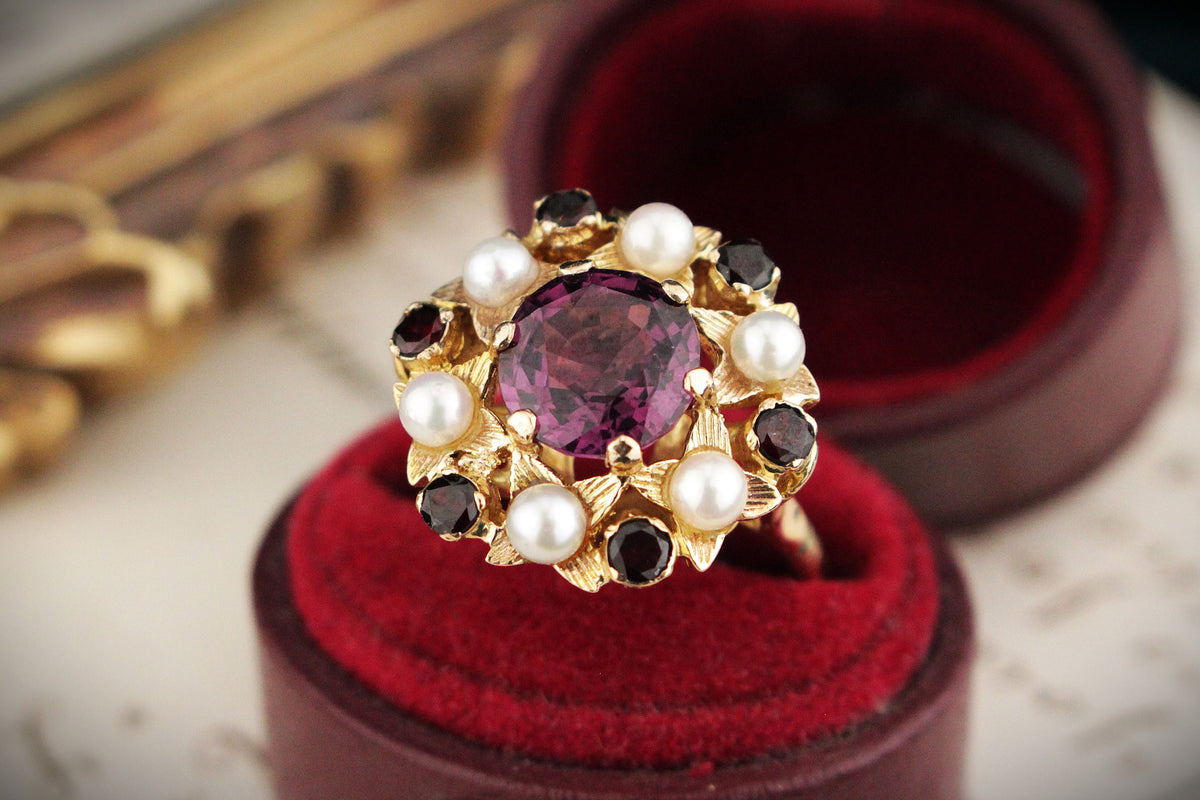 MID CENTURY c1960 TOURMALINE GARNET &amp; SEED PEARL RING 9ct GOLD