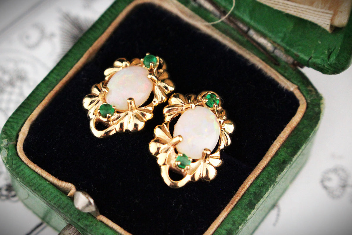RETRO SOLID OPAL &amp; EMERALD EARRINGS 14ct GOLD