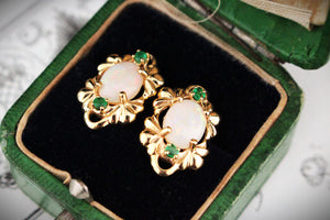 RETRO SOLID OPAL & EMERALD EARRINGS 14ct GOLD