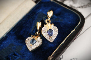 VINTAGE ESTATE SAPPHIRE & DIAMOND EARRINGS 9ct GOLD