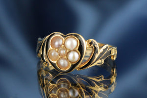 ANTIQUE VICTORIAN 1863 SEED PEARL MOURNING RING ON 18ct YELLOW GOLD