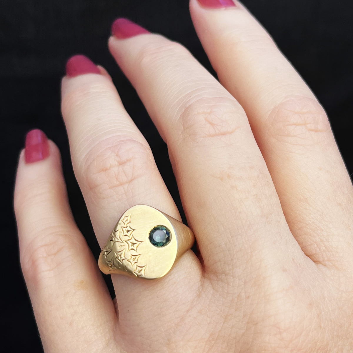 BESPOKE ETCHED SAPPHIRE SIGNET RING 9ct GOLD