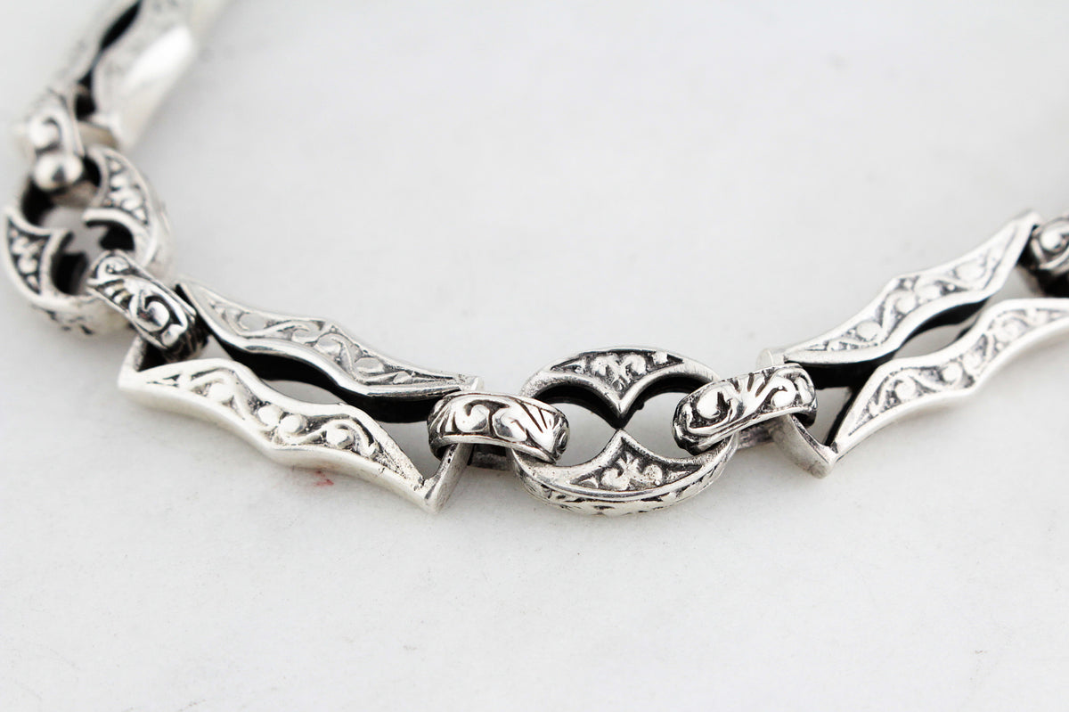 ANTIQUE EDWARDIAN c1900 ETCHED LINK STERLING SILVER BRACELET