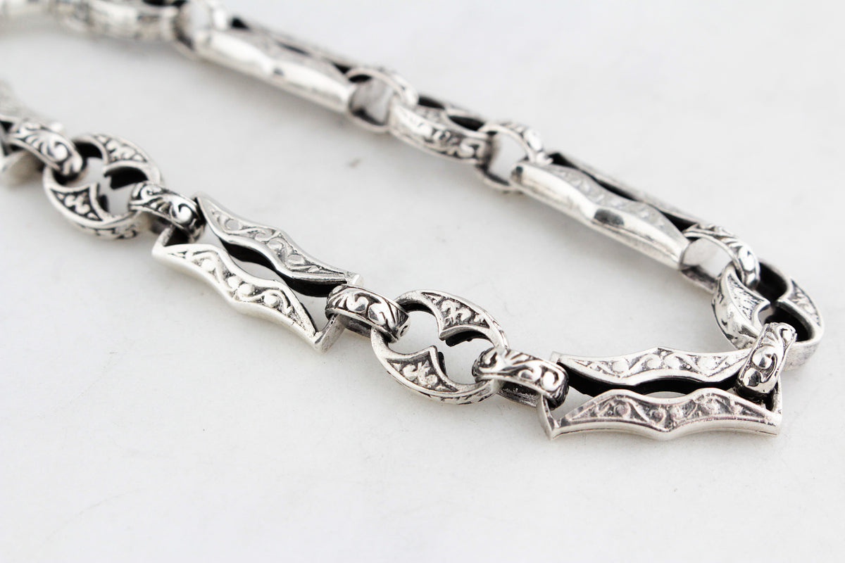 ANTIQUE EDWARDIAN c1900 ETCHED LINK STERLING SILVER BRACELET