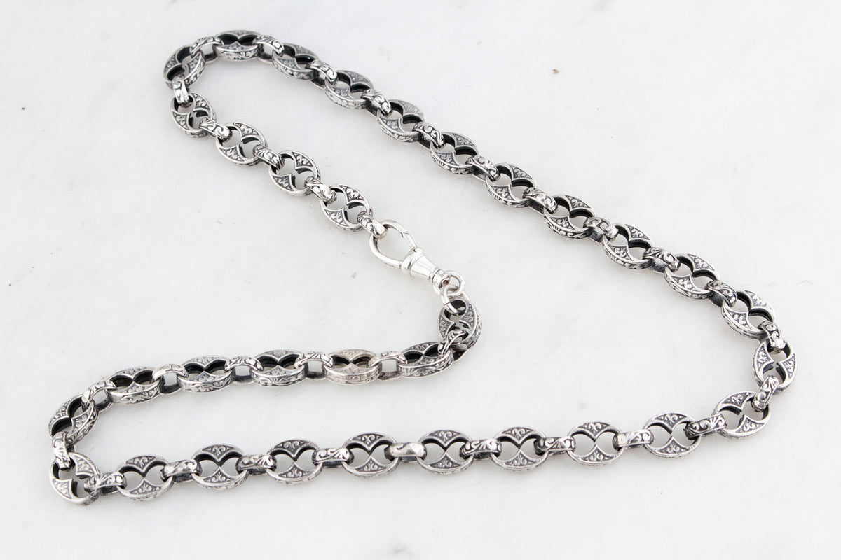 ANTIQUE EDWARDIAN c1900 ETCHED LINK STERLING SILVER NECKLACE