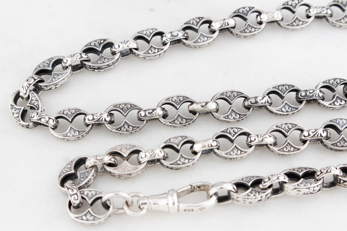 ANTIQUE EDWARDIAN c1900 ETCHED LINK STERLING SILVER NECKLACE
