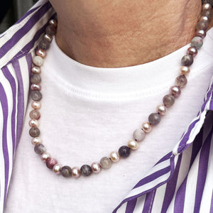 BESPOKE PINK PEARL & PLUM TOURMALINE NECKLACE 9ct GOLD