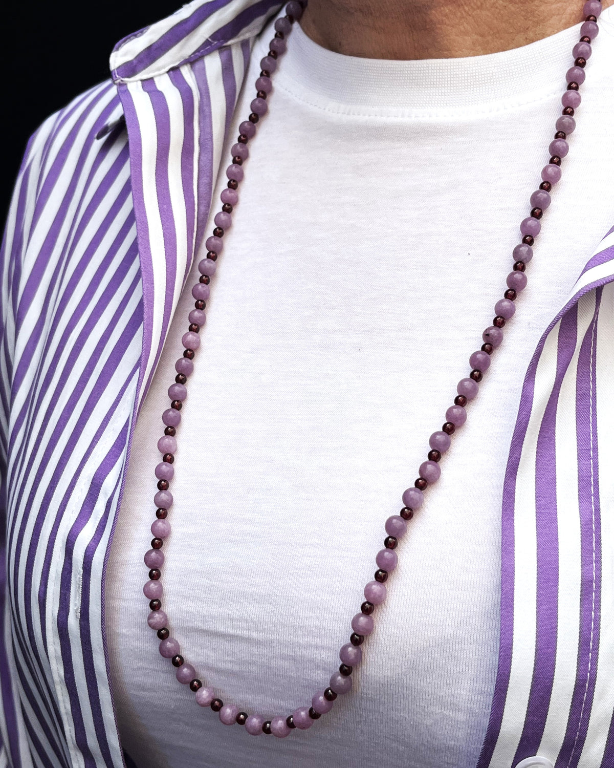 BESPOKE KUNZITE &amp; GARNET NECKLACE 9CT GOLD