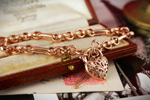 VINTAGE DAY & NIGHT BRACELET WITH FILIGREE HEART CLOSURE ON 9ct ROSE GOLD