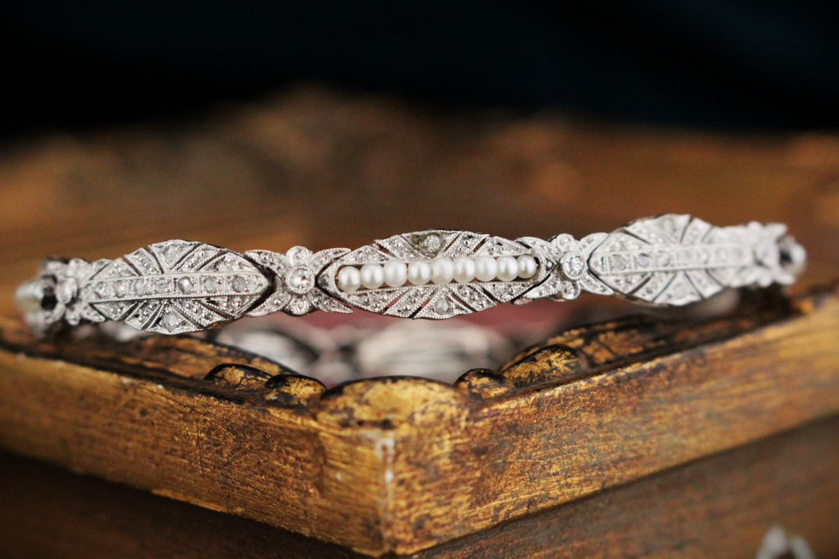 ART DECO DIAMOND &amp; PEARL BRACELET 9ct GOLD